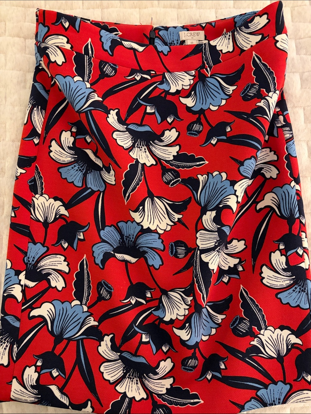 J. Crew Vibrant Red Floral A-Line Skirt with Blue and White Blooms